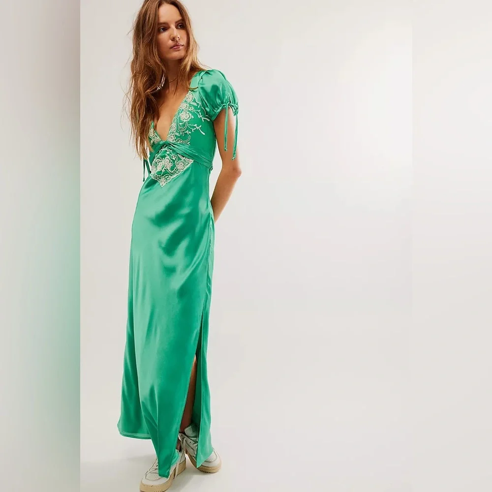 Free People Emerald Green Satin Maxi Dress with Embroidered Bodice - Picture 1 of 8